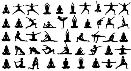 Yoga poses, black silhouettes, 40 yoga icons, vector illustrations, fitness graphics © Adam