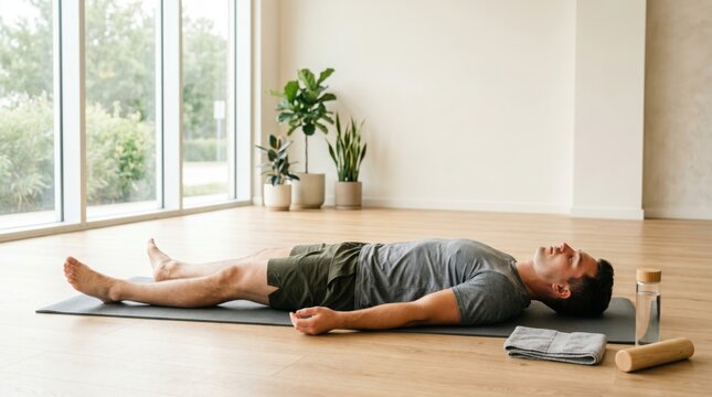 Man lying on mat in corpse pose during relaxation session. Athlete cooling down after workout in bright studio. Concept of mindfulness, recovery and healthy lifestyle for wellness.