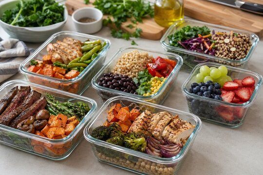 Weekend healthy meal prep with balanced lunch containers on kitchen counter