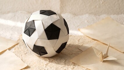 Handcrafted paper soccer ball with origami bird on textured handmade paper, creative football craft background