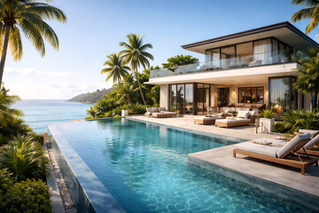 Fototapeta premium Luxurious modern villa with infinity pool overlooking a tropical coastline