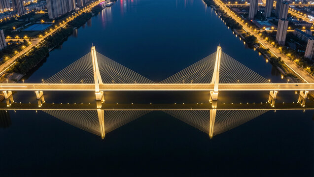 Aerial Night View of Illuminated Cable-Stayed Bridge with Perfect Water Reflection &mdash; Urban Infrastructure