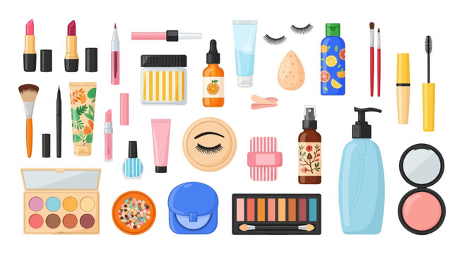 Makeup, cosmetics, beauty products, vector icons, 25 elements, skincare tools