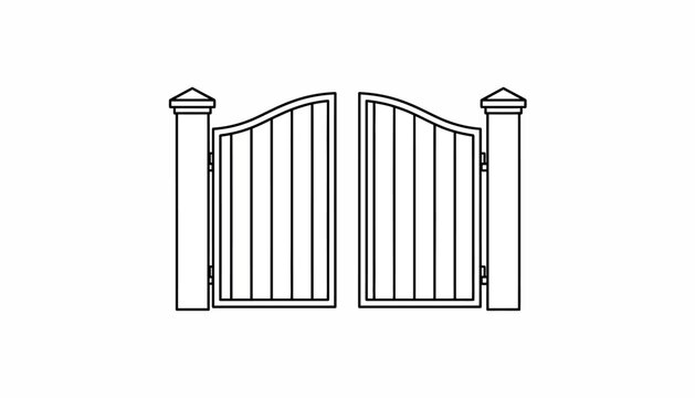 Vector gate, open fence, metal entrance, garden gate, black line drawing