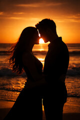 Fototapeta premium Couple silhouetted against a vibrant sunset on a sandy beach