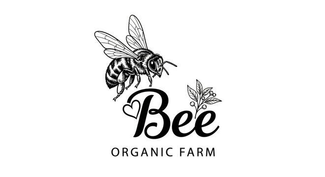 Organic farm logo, bee illustration, black and white vector, eco friendly branding, farm label design