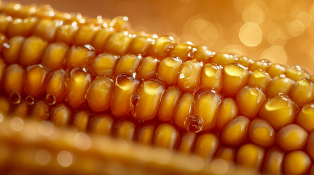 Macro view of golden corn kernels glistening with moisture, showcasing natural texture and fresh details against a warm blurred background