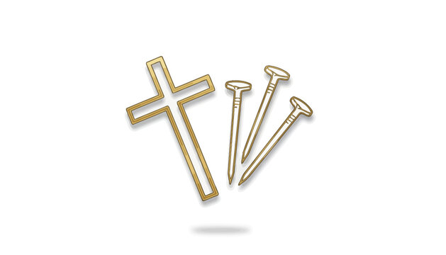 Golden nails, cross, and screws, metallic icons, vector graphics, 3D illustration, shiny hardware, gold plated, construction symbols