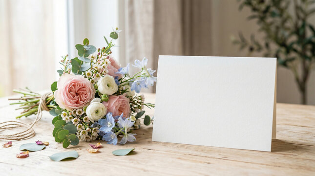 Blank card mockup with flower bouquet on wooden table, floral greeting template