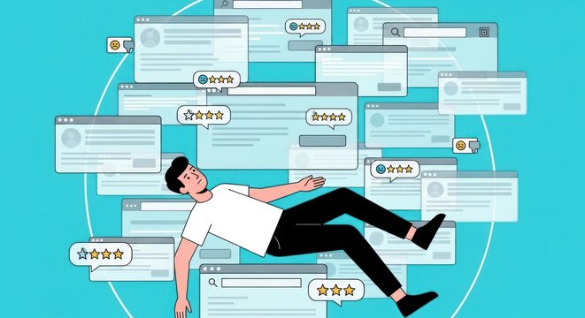 Man overwhelmed by floating web page windows on blue background