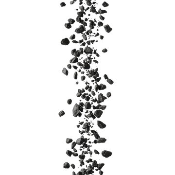 Numerous small black gravel stones with rough textures and sharp edges, suspended mid-air against a transparent background, frozen dynamic motion concept