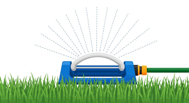 Lawn sprinkler, garden irrigation, blue sprinkler, green hose, watering grass, outdoor gardening tool, vector icon