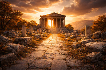 Fototapeta premium Ancient temple ruins bask in the glow of a sunset landscape