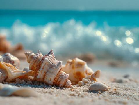 A collection of seashells resting on sandy shore with gentle ocean waves and sparkling blue water blurred in the background during a sunny day at the beach