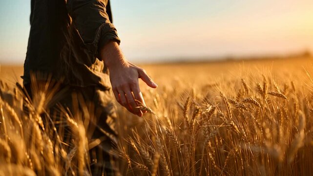 Hand grazing golden wheat at sunset, weathered farmer wrist in denim sleeve moves slowly through field, warm backlight and long shadows, soft breeze ripples