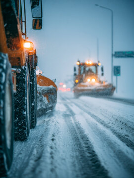 Snowplows clearing a busy road during heavy snowfall with illuminated lights and tire tracks on a cold winter evening scene