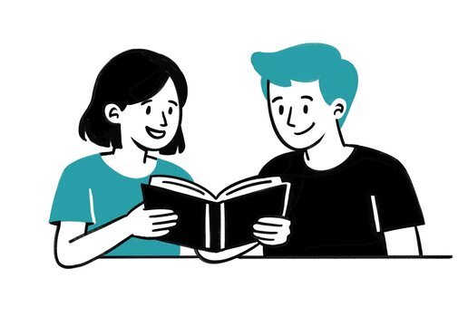 Young couple reading book together at table, learning and education concept with friendly interaction, simple flat illustration style with modern minimal design and teal and black color palette