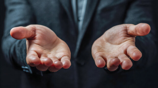 Man wearing a dark suit with hands extended forward in a gesture of offering or asking for help against a black background