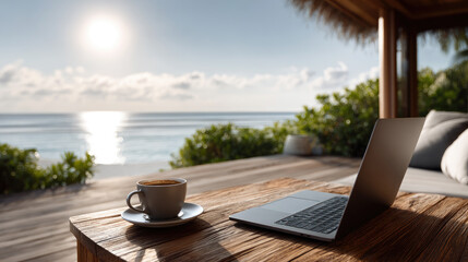 Obraz premium Laptop and coffee cup resting on a rustic wooden table on an outdoor patio overlooking a vast ocean and lush tropical landscape at golden hour. Portraying remote work. Digital nomad lifestyle
