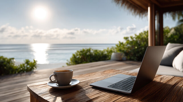 Laptop and coffee cup resting on a rustic wooden table on an outdoor patio overlooking a vast ocean and lush tropical landscape at golden hour. Portraying remote work. Digital nomad lifestyle