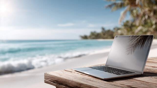 Laptop placed on a weathered wooden table, overlooking a pristine tropical beach with turquoise ocean waves and distant palm trees, embodying remote work and digital nomad lifestyle freedom