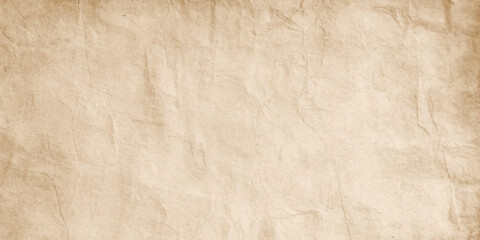 Obraz premium Horizontal vintage parchment texture background with crinkled paper details, antique sepia stains, and empty copy space.