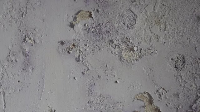 Textured damaged wall, looped motion. Old damp damaged wall in gray and purple hues as background