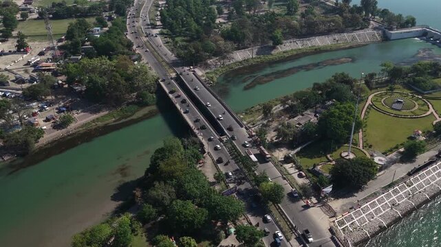 Drone view of traffic on haridwar highway bridge connecting uttar pradesh to uttarakhand