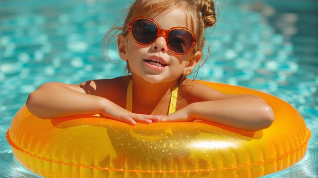 Toddler in colorful inflatable ring pool, wearing sunglasses and smiling while leaning on orange and pink striped float sunlit blue water sparkles with small