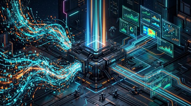 Isometric 3D scene illustrating a Natural Language Processing...