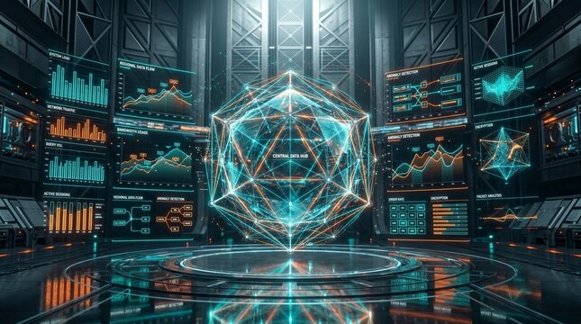 Focused 3D holographic line chart demonstrating predictive analytics