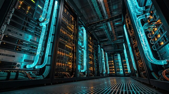 Dramatic - low-angle shot of a high-density server rack filled...