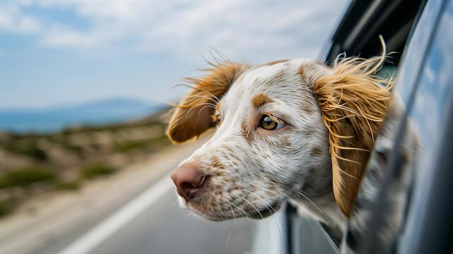 Terrier sticking head out car window, autumn highway blurring past, ears flapping and whiskers carrying droplets, joyful wide smile, collar visible, rolling