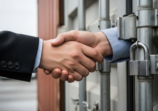 Business partners shaking hands in front of a locked shipping container