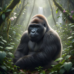 Fototapeta premium Powerful mountain gorilla sitting calmly in a lush tropical rainforest surrounded by dense green foliage, mossy branches, and a misty waterfall in the background under soft light.
