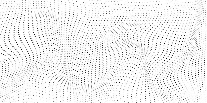 Flowing dots particles wave pattern 3D curve halftone black gradient curve shape isolated on white background.