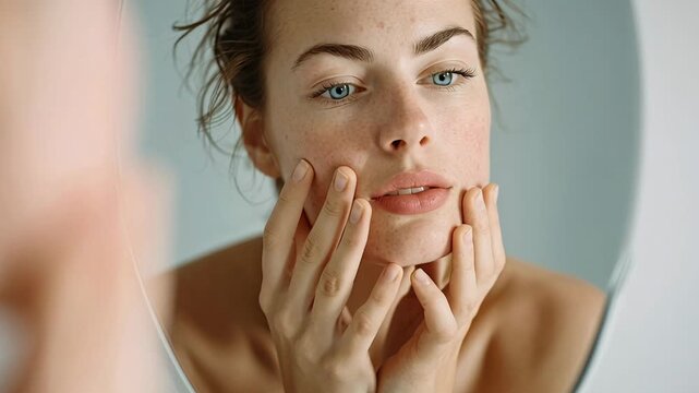 White woman checking skin in mirror, freckled face examined closely with fingertips, natural light on minimal vanity, beauty influencer testing serum, clinic