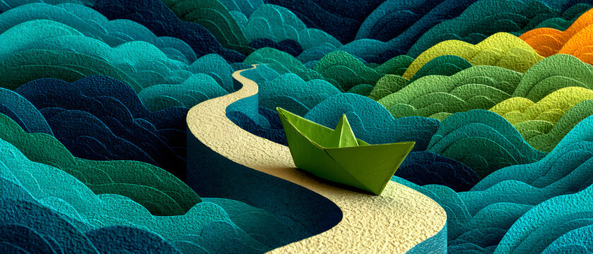 Green Paper Boat Winding Path Paper Cut Colorful Landscape Wave Teal Orange Blue Art Journey