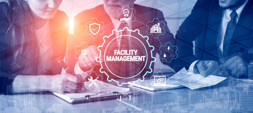 Professionals Collaborating on Facility Management Planning with Modern Graphical Icons Representing Industry Concepts and Digital Transformation Fluxor.
