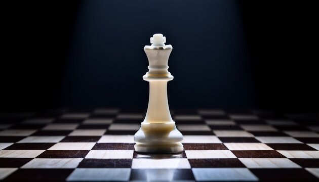 a lone white queen chess piece stands tall on a checkered board illuminated by a spotlight