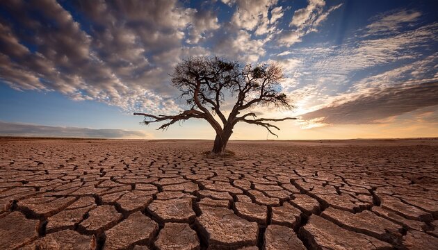 a lone weathered tree stands resiliently amidst a cracked arid landscape under a vast dramatic sky