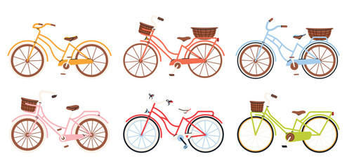 Naklejka premium Set of trendy vector bicycles in flat style. Cute colorful bikes with baskets, perfect for summer transport, active city lifestyle, eco travel and outdoor activities. Ideal for posters, prints