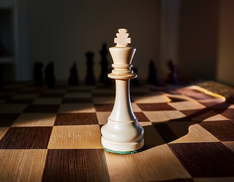 a solo white chess king stands on a chessboard in a dimly lit room with sunlight casting a long shadow