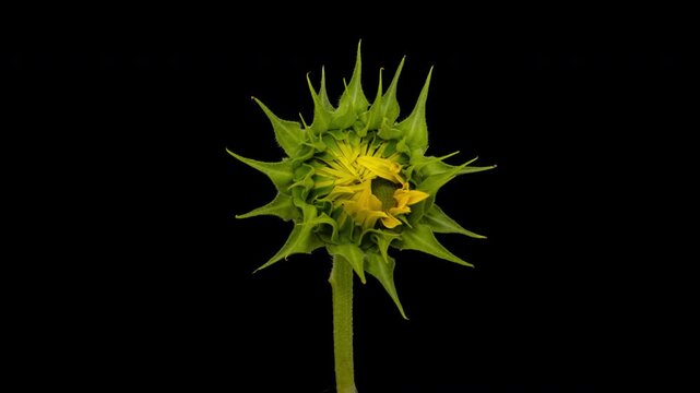 Macro time lapse blooming Sunflower Head, isolated on pure black background