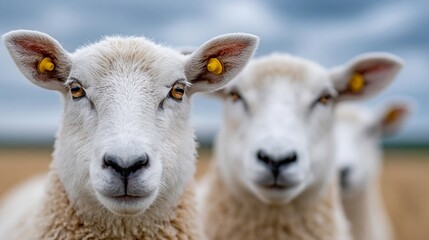 Obraz premium Close-up of three sheep with yellow ear tags standing in a field under a cloudy sky, showcasing their woolly coats and distinct facial features