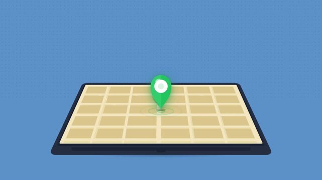 Three dimensional map with green location pin marker on blue background for navigation concept