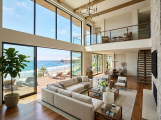 Naklejka premium A luxury living room of a home with tall ceilings and large windows with a view onto the deck overlooking the beach and ocean.