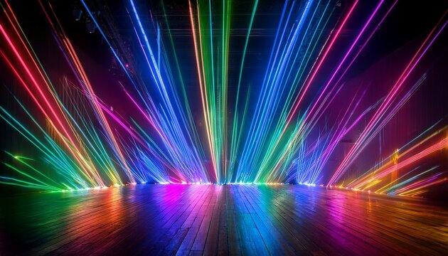 a vibrant spectacle of multicolored laser beams illuminating a dark interior space with a wooden floor