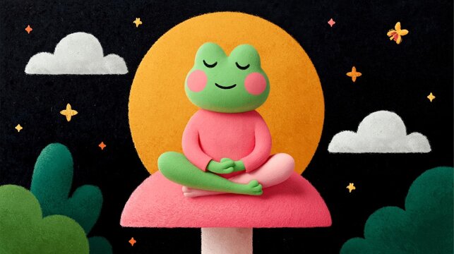 Cartoon frog character in a meditative pose sitting on a pink mushroom with a bright yellow moon and stars in a dark sky background