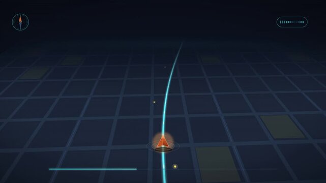 Futuristic neon grid floor with curved path and orange ball in cyber virtual world